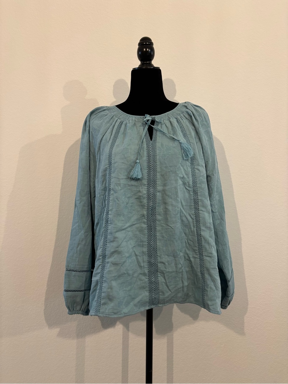 Time and Tru Light Blue Smocked Peasant Blouse